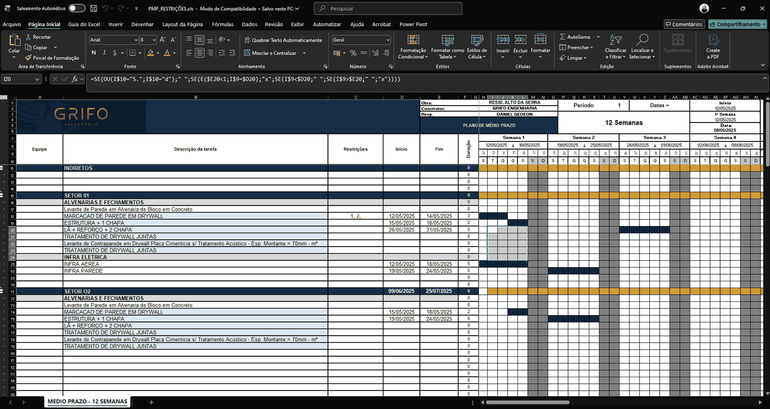 Planilha de Planejamento de Médio Prazo aberta no Excel, com doze semanas, coluna de restrições e barras de Gantt